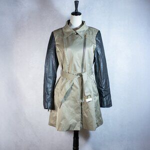 NWOT Bebe Womens Trench Coat Olive Green Black Vegan Leather Sleeves Size L